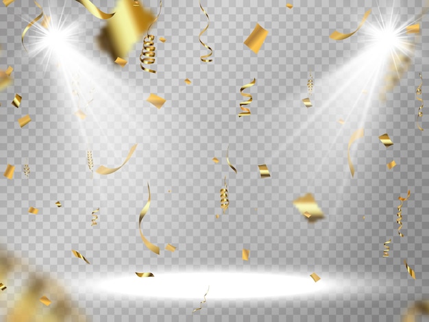 Gold serpentine and confetti isolated on black background Vector illustration