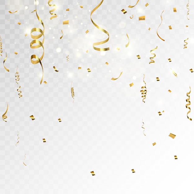 Gold serpentine and confetti isolated on black background Vector illustration