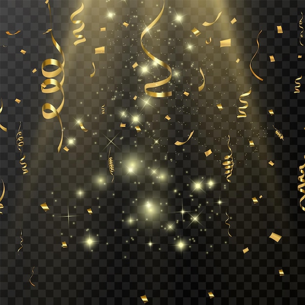 Gold serpentine and confetti isolated on black background Vector illustration