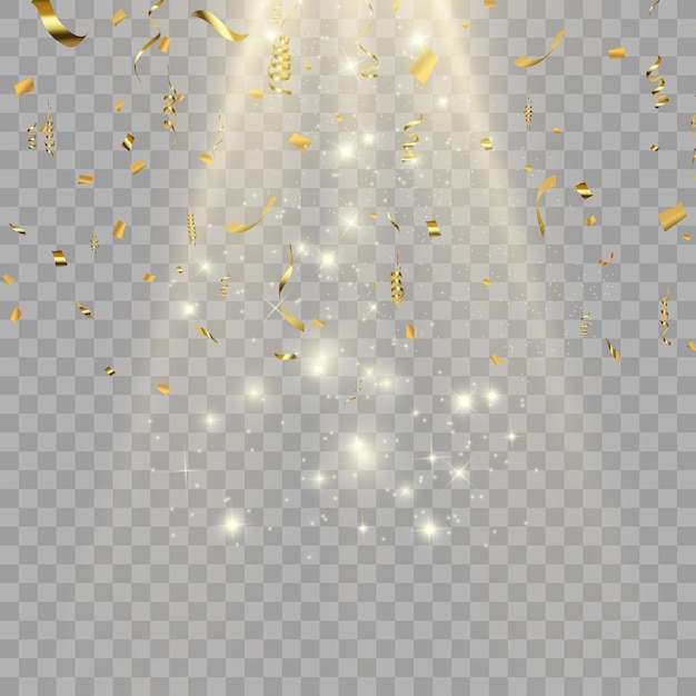 Gold serpentine and confetti isolated on black background Vector illustration