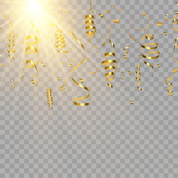 Gold serpentine and confetti isolated on black background Vector illustration