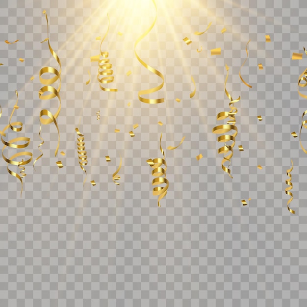 Gold serpentine and confetti isolated on black background. Vector illustration.