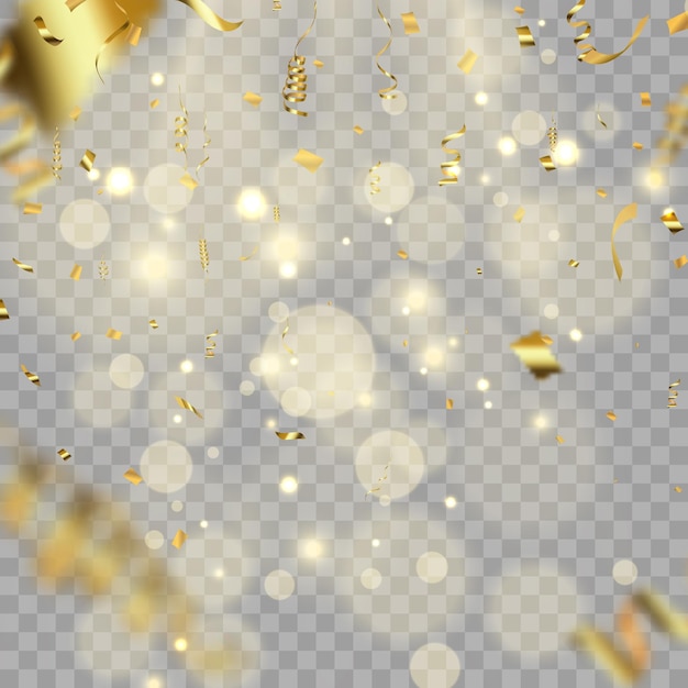 Gold serpentine and confetti isolated on black background. Vector illustration.