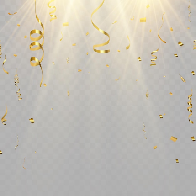 Gold serpentine and confetti isolated on black background Vector illustration