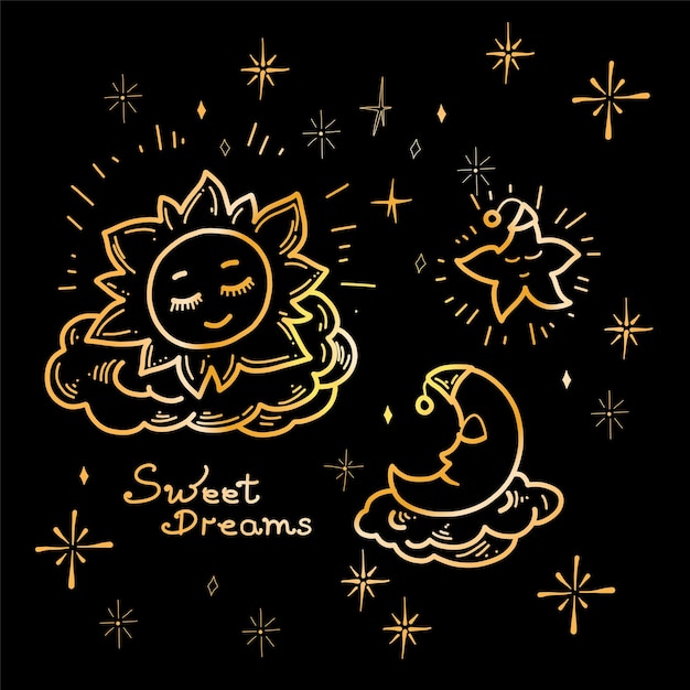 Gold set of drawings of cute handdrawn vector illustrations on the theme of sleep on the black backg