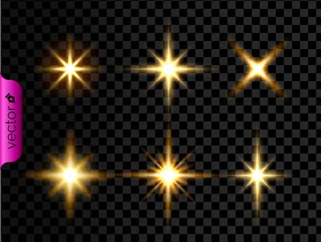 Gold shining glowing lights effect, yellow starts and explosion isolated on transparent background