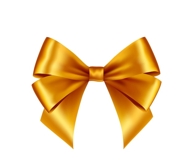 Gold Shiny satin ribbon on white background. Paper bow gold color. Vector decoration for gift card and discount voucher.