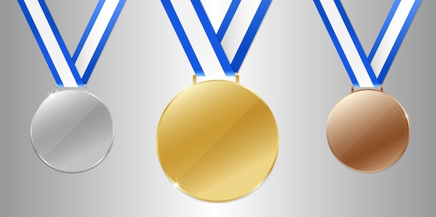 Gold silver bronze Champion Medals with ribbon. 