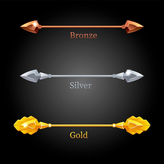 Gold, silver, bronze lances set on black