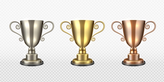 Gold silver and bronze trophy cup Realistic champion awards first second third place championship winners golden sports or music award ceremony symbol of leadership vector set