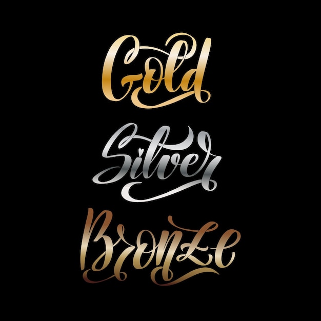 Gold Silver Bronze word hand lettering Handmade vector calligraphy