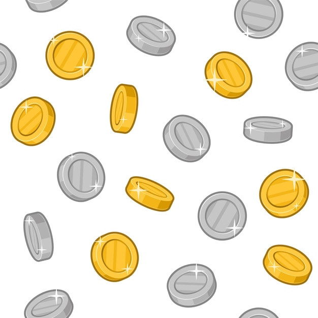 Gold and Silver Coins Seamless Pattern on White Background. Vector illustration