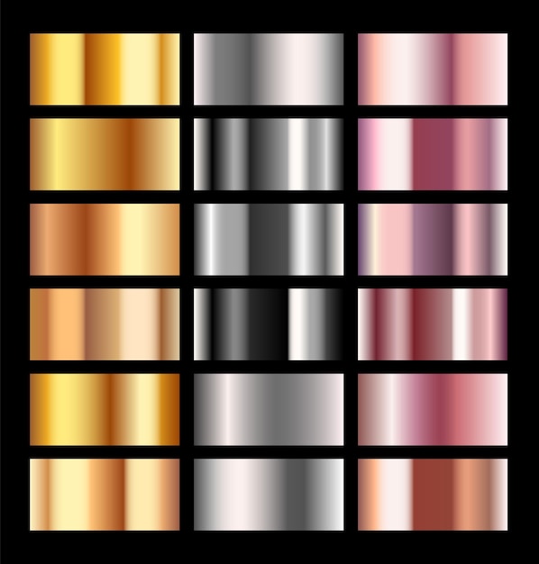 Gold, silver and pink metalic textures set. Vector illustration