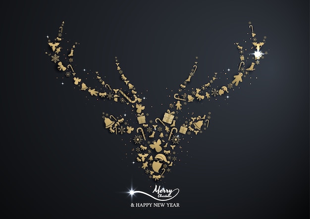 Gold snowflake and decoration look like face reindeer