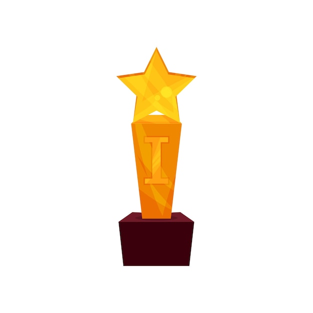 Gold star award on a stand, golden first place prize cartoon vector Illustration on a white background