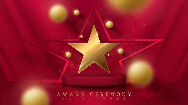 Gold star with red podium element and blurred ball decoration and glitter light effect with bokeh