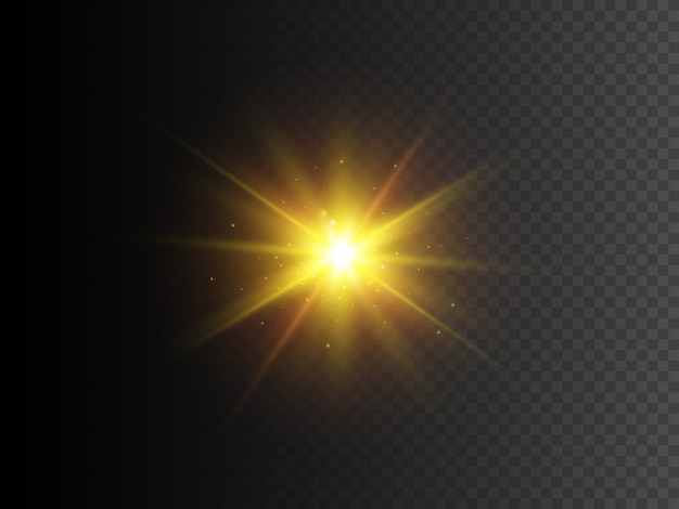 Gold star with sparkles. Vector transparent glow light effect.