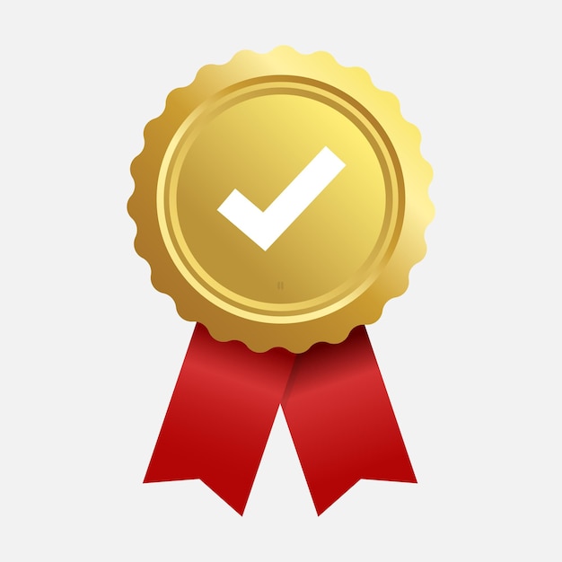 gold verified badge with check mark symbol and red ribbon