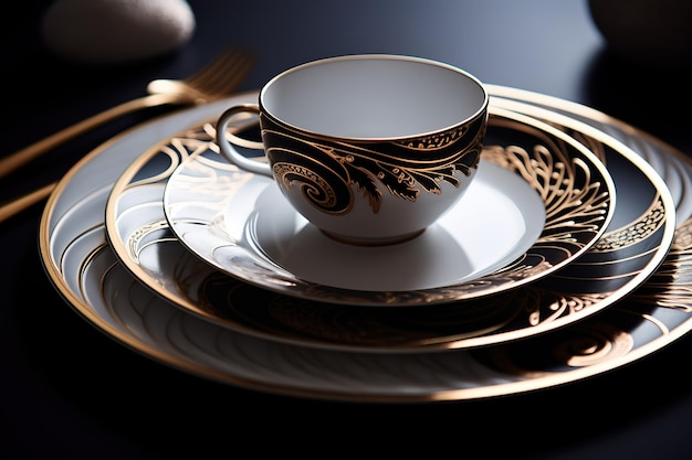 Vector a gold and white cup and saucer with a gold rim