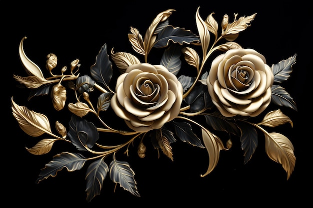 a gold and white rose with leaves on a black background