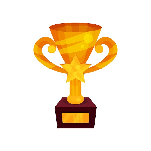 Gold winner cup with star on a pedestal, golden first place prize cartoon vector Illustration on a white background