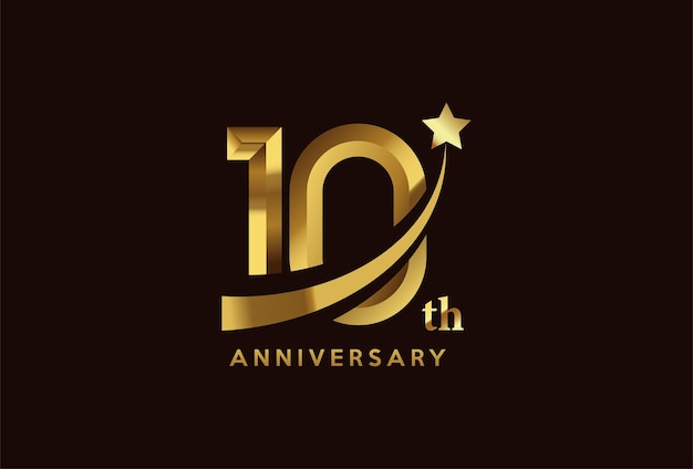 Golden 10 year anniversary celebration logo design with star symbol