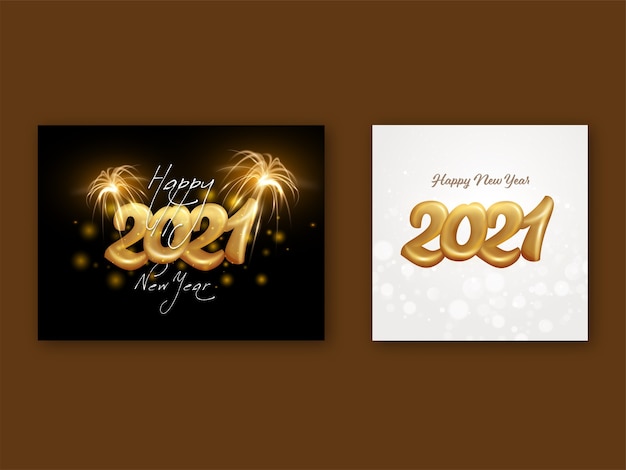 Golden 2021 Number With Fireworks And Bokeh Effect On White And Black Background In Two Options