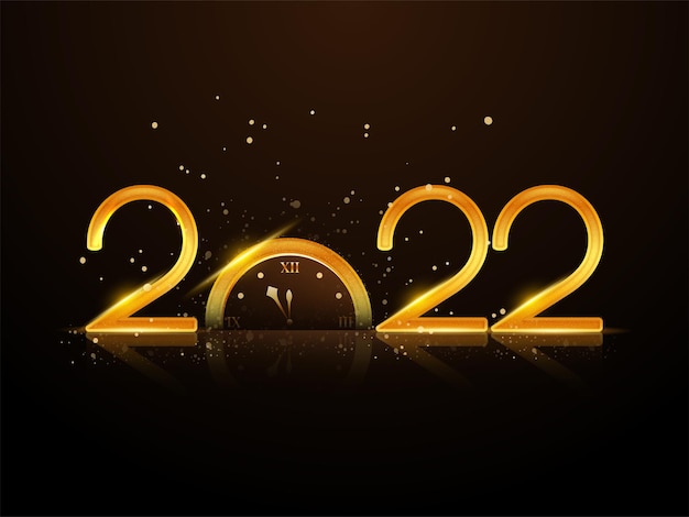 Golden 2022 Number With Light Effect Clock On Black Background.