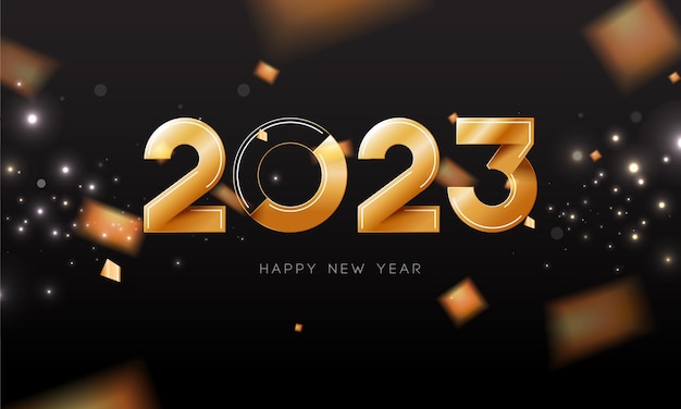 Golden 2023 number Happy New Year on black background design