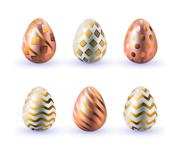 Golden 3D eggs set with pattern on white background