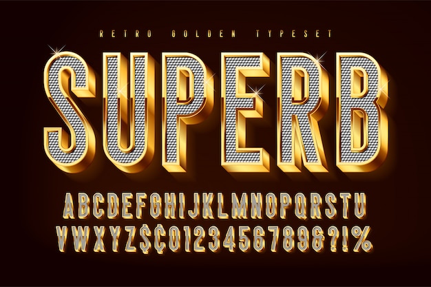 Golden 3d shining font, gold letters and numbers