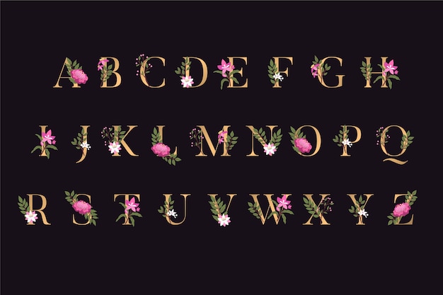 Golden alphabet letters with elegant flowers