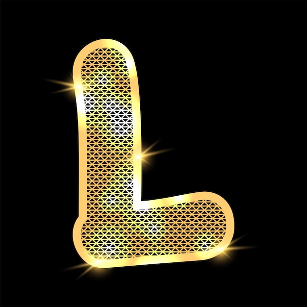 Golden alphabet with highlights on a dark background. Letter L.