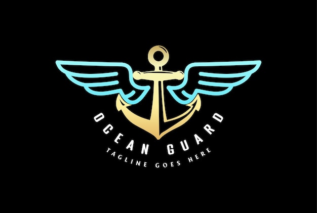 Golden Anchor Hook with Wings for Ocean Sail Nautical Guard or Yacht Boat Navy Logo Design