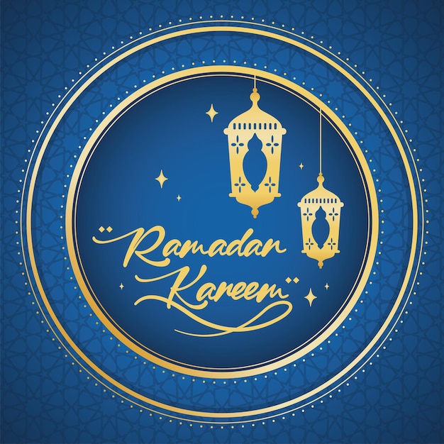 Golden arab lanterns on round label pattern background Ramadan Kareem Vector