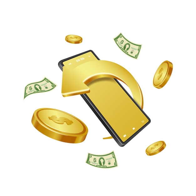 The golden arrow revolves around the smartphone And there were gold coins and dollar bills floating around for cash back promotions advertising designvector 3d isolated for online finacial