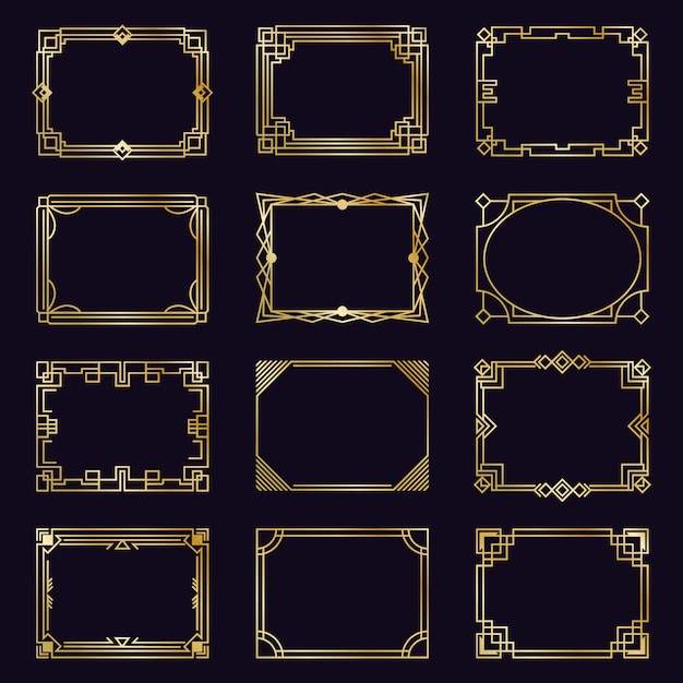 Golden art deco frames. Modern gold elegant borders, arabic geometric decorative ornament frame, antique decorative elements  icons set. Border frame, geometric golden filigree illustration