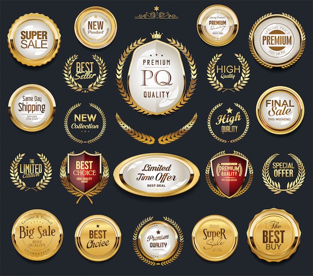 Golden badge labels and laurel retro vintage collection