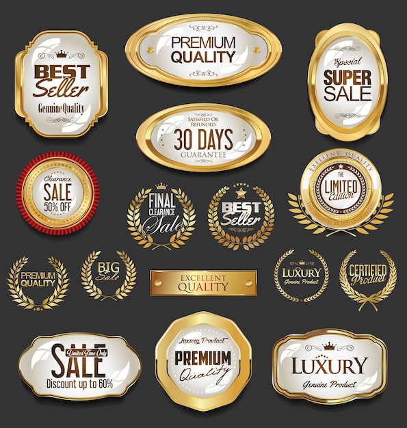 Golden badges and labels with laurel wreath