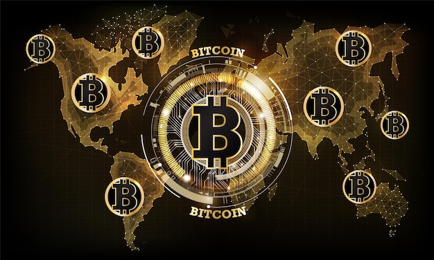 Golden bitcoin digital currency on world map futuristic digital money technology worldwide