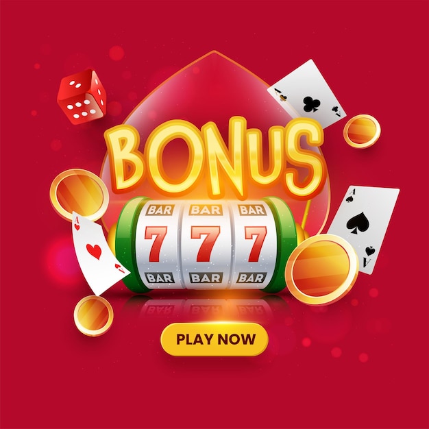 Golden Bonus Text With 3D Slot Machine, Coins, Playing Cards And Dice On Red Bokeh Background.