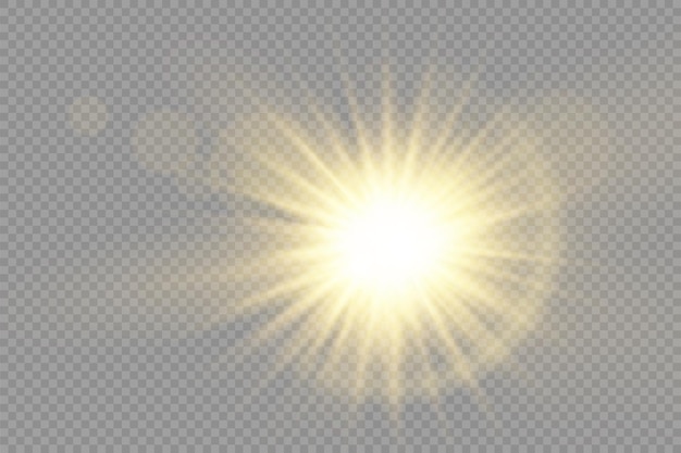 Golden bright star glowing gold light burst yellow sun rays flare of sunlight with glare bokeh