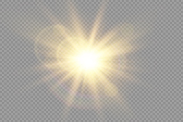 Golden bright star glowing gold light burst yellow sun rays flare of sunlight with glare bokeh