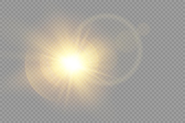 Golden bright star glowing gold light burst yellow sun rays flare of sunlight with glare bokeh