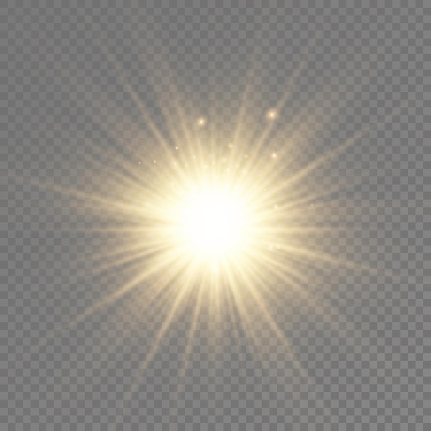 Golden bright star glowing gold light burst yellow sun rays flare of sunlight with glare bokeh