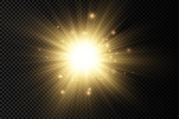 Golden bright star glowing gold light burst yellow sun rays flare of sunlight with glare bokeh