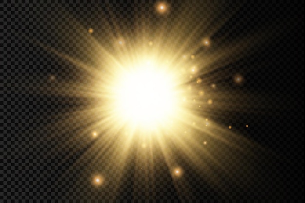 Golden bright star glowing gold light burst yellow sun rays flare of sunlight with glare bokeh