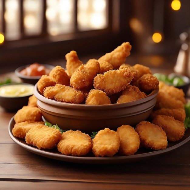 A golden brown platter overflowing with crispy chicken nuggets