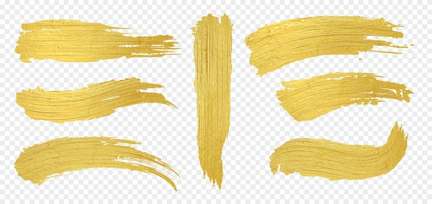 Golden brush Realistic paint strokes luxury gold smears on transparent background Decorative templates for labels and stickers Yellow brushstrokes set Vector shimmery textures