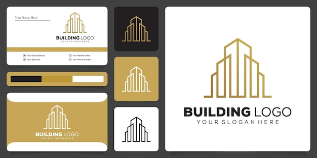 golden building logo design template combination line art and business card